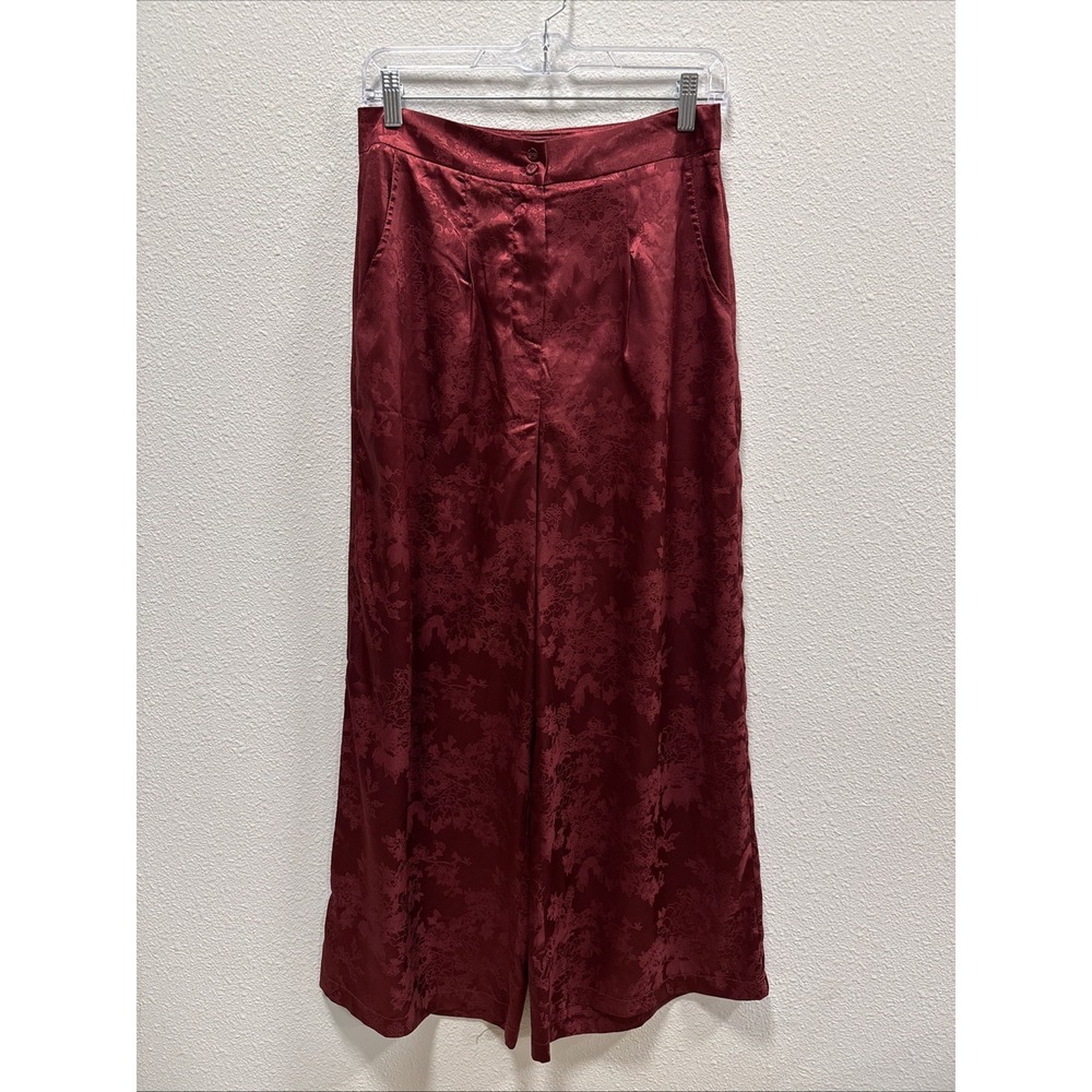 LULUs Size M Dark Wine‎ Red Satin Floral Wide-Leg Pants Women's